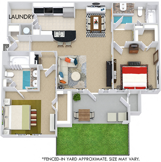 Floor plan for 2 beds, 2 baths, 1074 sqft
